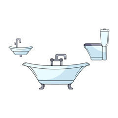 vector sketch bathroom appliances set. ceramic white blue colored toilet bowl, sink, bath tube icons. Isolated illustration on a white background.