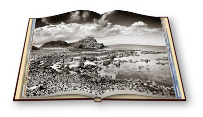3D render of an opened photo book with Irish landscape (Northern Ireland - United Kingdom)