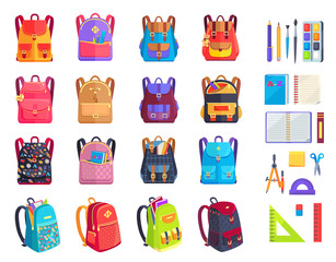 Fototapeta Colorful Modern Rucksacks and School Supplies Set obraz