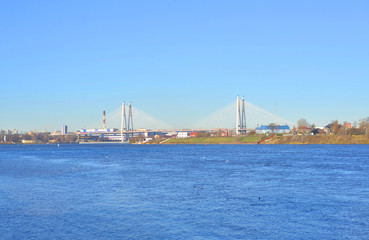 Cable stayed bridge and Neva river.