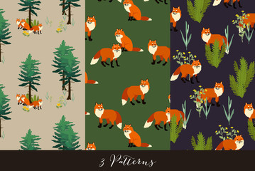Set seamless fox and wood pattern isolated on background. Vector illustration