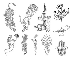 Set of indian patches elements. Set of stickers, pins, patches and handwritten notes collection in cartoon 80s-90s comic style.Vector stikers kit © NKTN