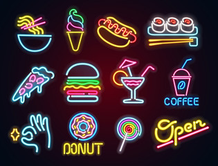 Set food and drink neon sign. Neon sign, bright signboard, light banner. Vector icons - obrazy, fototapety, plakaty