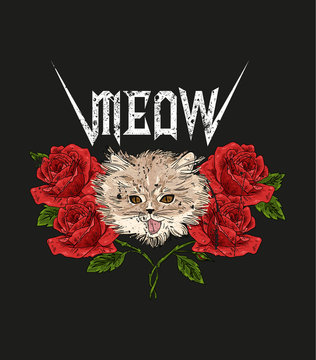 Rock and roll cat and roses. Typography graphic print, fashion drawing for t-shirts.Vector Illustration in modern style for clothes.