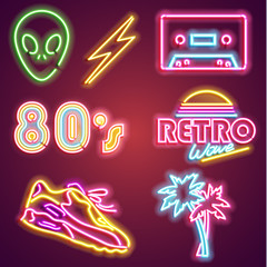 Set retrowave neon sign. Neon sign, bright signboard, light banner. Vector icons - obrazy, fototapety, plakaty