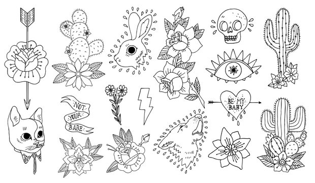 Set of roses, cactus and other patches elements. Set of stickers, pins, patches and handwritten notes collection in cartoon 80s-90s comic style.Vector stikers kit