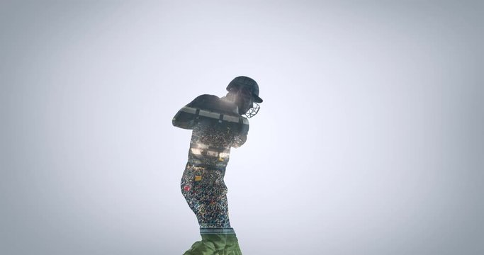 Cricket player multi exposed with professional cricket stadium.  The stadium is made in 3D with no existing references.