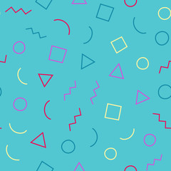 Memphis seamless geometric pattern with blue background with different shapes. Vector repeating texture.