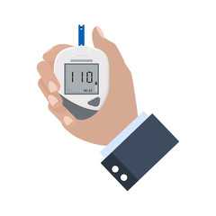 Diabetes Concept - Hand holding Glucometer .Flat design. Blood glucose test
