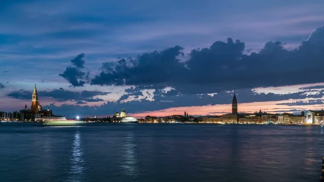 Basilica Santa Maria della Salute, San Giorgio Maggiore Island and San Marco square day to night timelapse, Venezia, Venice, Italy