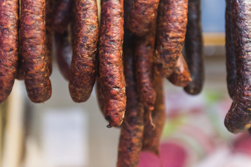 Detail of sausages in a delicatessen