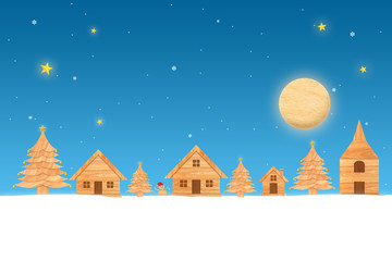 Merry christmas and Happy new year season made from wood with decorations art and craft style, illustration. Landscape forest with christmas tree and house in night time with snowfall