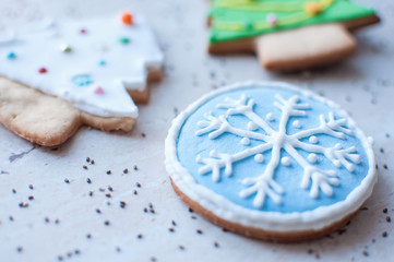 Two gingerbread cookies in the shape of the green and white Christmas tree and one cookie in the shape of a round blue snowflake on the background of a wooden table.