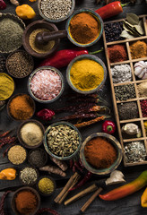 Spices in wooden box, Cooking ingredient