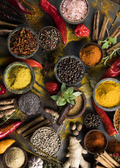 Herbs and spices on a wooden bowl background 