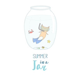 Hand drawn vector illustration of cute cat in swim fins and scuba mask in a glass jar, with text Summer in a jar. Isolated objects on white background. Design concept kids, card, motivational poster.
