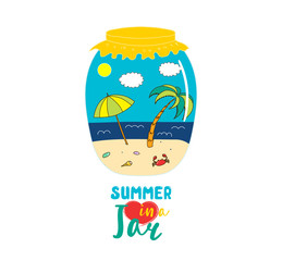 Naklejka premium Hand drawn vector illustration of a beach landscape with umbrella, palm, in a glass jar, with text Summer in a jar. Isolated objects on white background. Design concept kids, card, motivational poster