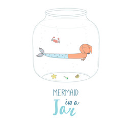 Hand drawn vector illustration of a cute funny cartoon mermaid dog in a glass jar, with text. Isolated objects on white background. Design concept for kids, greeting card, motivational poster.