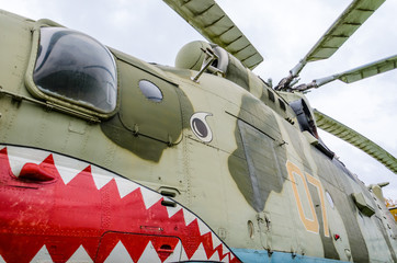 Fragment of the hull of the Soviet Mi-26 helicopter, painted under the jaws of a shark