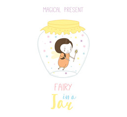 Obraz premium Hand drawn vector illustration of a cute funny cartoon fairy in a glass jar, with text Magical present. Isolated objects on white background. Design concept kids, greeting card, motivational poster.