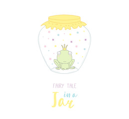 Hand drawn vector illustration of a cute funny frog in a crown, in a glass jar, text Fairy tale in a jar. Isolated objects on white background. Design concept kids, greeting card, motivational poster