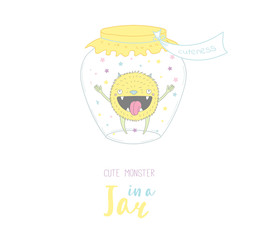 Hand drawn vector illustration of cute funny cartoon monster in glass jar with label Cuteness, with text. Isolated objects on white background. Design concept kids, greeting card, motivational poster.