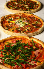 Different pizza set for menu. Take away food with ingredients