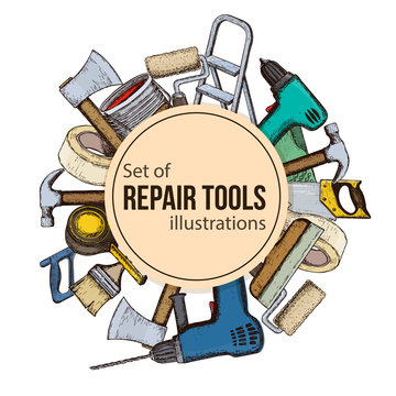 Set of building repair tools, colorful sketch illustration of repair tool. Vector