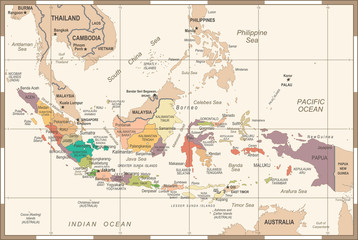 Fototapeta na wymiar Indonesia Map - Vintage Vector Illustration