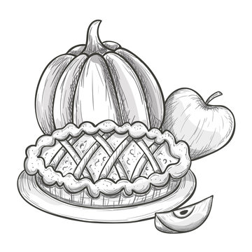 Traditional Thanksgiving food, cartoon sketch illustration Vector