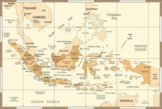 Indonesia Map - Vintage Vector Illustration