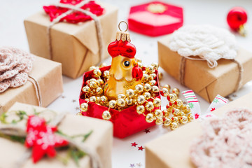 Christmas background with presents and decorations.