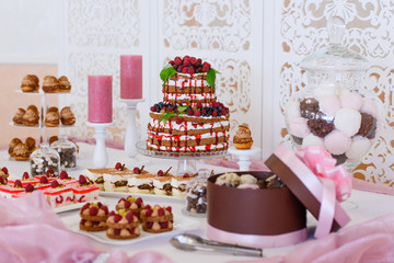a feast of cakes served on the buffet.sweet desserts with berries and fruit served on the buffet