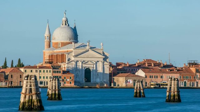 View on the lagoon of Venice with Chiesa church del Santissimo Redentore located on Giudecca island in the sestiere of Dorsoduro timelapse