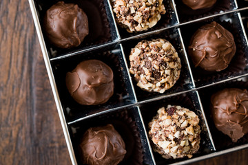 Box of Chocolate Pralines with Hazelnuts.