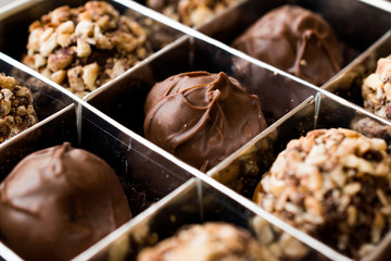 Box of Chocolate Pralines with Hazelnuts.