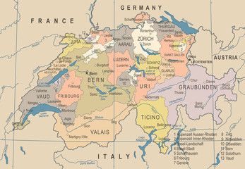 Switzerland Map - Vintage Vector Illustration
