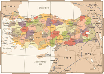 Fototapeta na wymiar Turkey Map - Vintage Vector Illustration