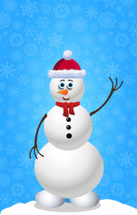 Cute cartoon character snowman in santa hat and red scarf on blue snowy background. Vector illustration, clip art, space for text.
