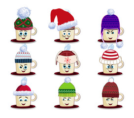 Colored beautiful doodle steaming cups characters with cute cartoon faces dressed in funny knitted hats. Hot coffee and tea. Vector illustration, icons, clip art isolated on white background.
