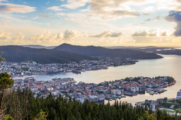 Fototapeta na wymiar White Night of Bergen from view point Floyen, panoramic view, Bergen, Norway at sunset.