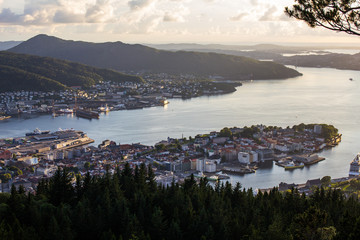 White Night of Bergen from view point Floyen, panoramic view, Bergen, Norway at sunset.