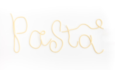 Fototapeta na wymiar Word Pata is written with plain cooked spaghetti pasta, on white background.