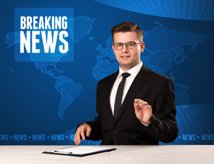 Television presenter in front telling breaking news with blue modern background