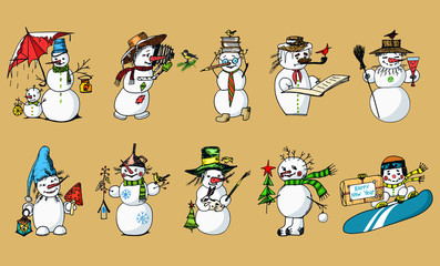 Set of winter holidays snowman in different costumes. photographer and artist with gifts. engraved hand drawn in old sketch and vintage style for label and postcards. Christmas or New Year decorations