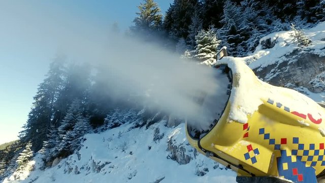 Snow Making System In Mountain On The Ski Hill In Winter