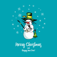 Set of winter holidays snowman in different costumes. photographer and artist with gifts. engraved hand drawn in old sketch and vintage style for label and postcards. Christmas or New Year decorations