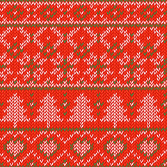 Knitted Christmas background. Seamless pattern. Nordic background with heart, snowflake, ornaments, tree. Seamless Knitting Pattern