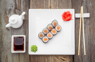 Japanese traditional sushi food and rolls with fresh seafood