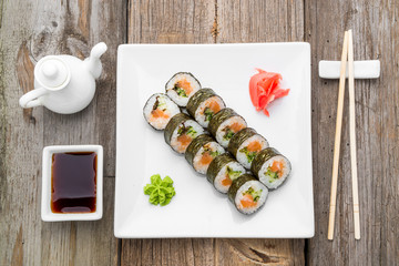 Japanese traditional sushi food and rolls with fresh seafood
